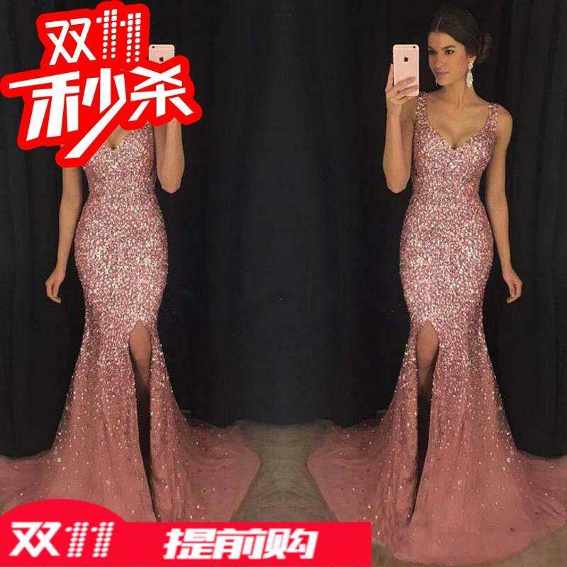 19 sexy deep V halter women's sequined evening dress亮片