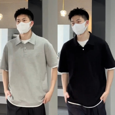 简约纯色透气假两件Polo衫短袖