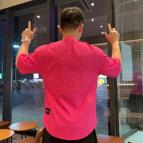 潮牌痞帅字母绣花休闲圆领短袖