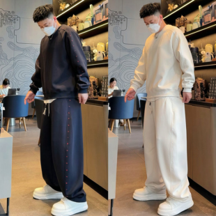 秋季慵懒风休闲运动套装男高级感重磅百搭刺绣卫衣阔腿长裤两件套