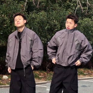 春季新款美式重磅蝙蝠袖立领夹克男时尚百搭宽松廓形户外防风外套