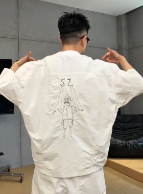 美式重磅蝙蝠袖圆领短袖刺绣宽松