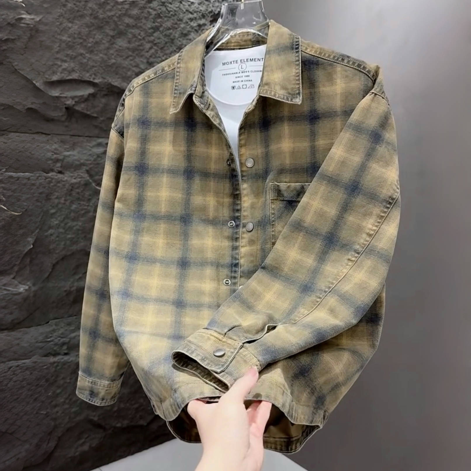 高级感格子衬衫夹克外套翻领上衣