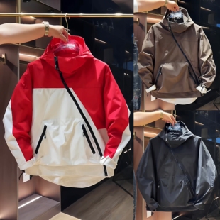 秋季新款工装斜拉链大口袋连帽外套男潮牌宽松百搭夹克运动冲锋衣