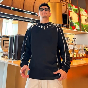 宽松高档百搭上衣打底衫 时尚 明线潮牌轻奢圆领卫衣男美式 2025秋季