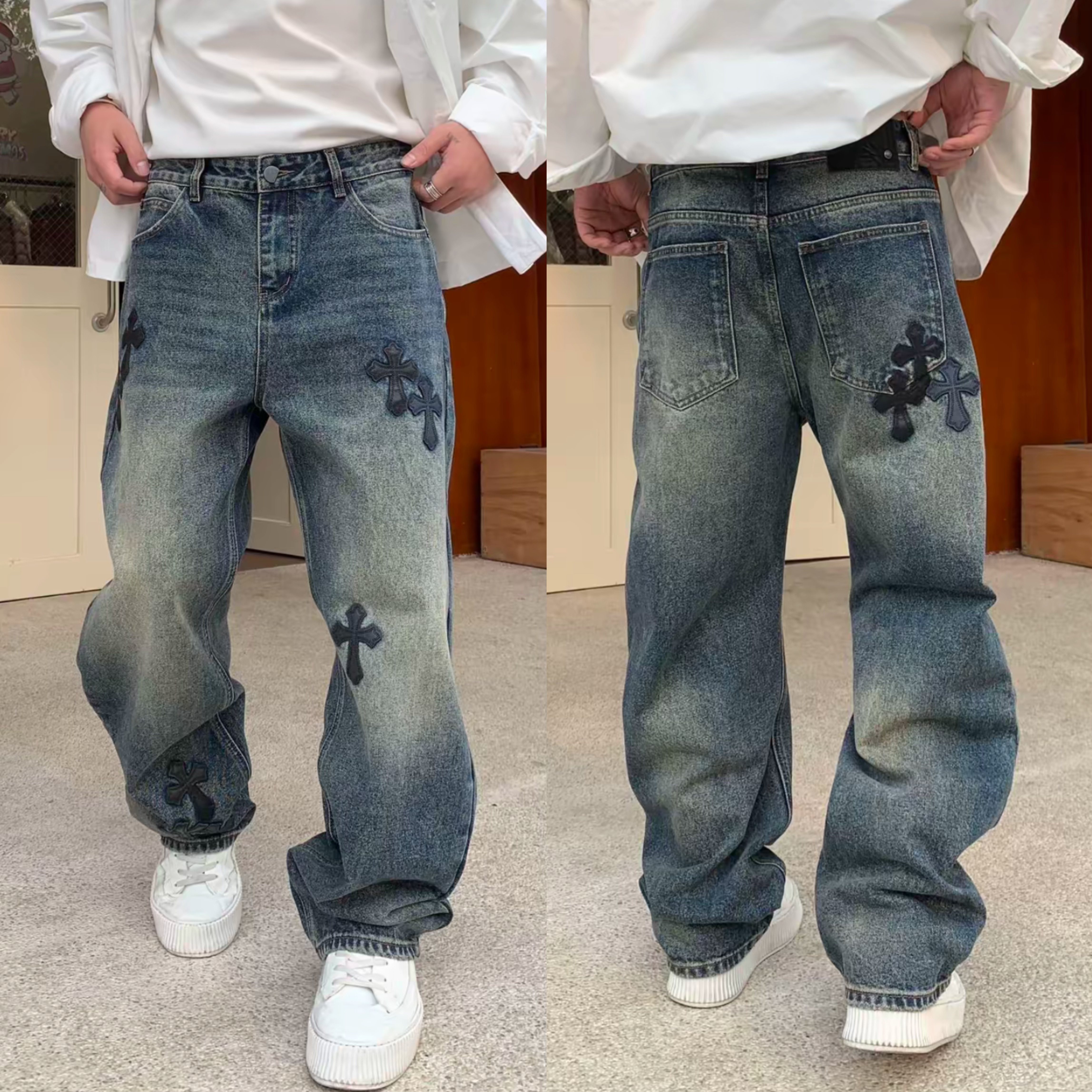 冬季新款美式复古刺绣直筒牛仔裤男士潮牌时尚百搭水洗弯刀休闲裤,男装,休闲裤,淘宝优惠券,粉丝福利购,淘宝优惠卷