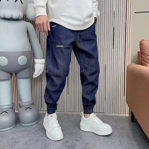 秋季快手同款潮款字母束脚牛仔裤男宽松百搭色织高品质弹力休闲裤