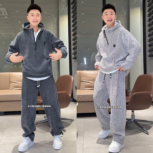 秋冬加绒满天星重磅休闲运动套装男高级感潮牌连帽卫衣阔腿休闲裤