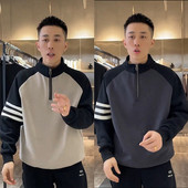 秋冬新款 加绒拼接立领半拉链卫衣男潮牌宽松百搭插肩休闲长袖 上衣