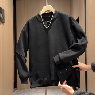 上衣打底衫 秋冬新款 侧边按扣潮牌加绒卫衣男潮牌宽松百搭休闲长袖