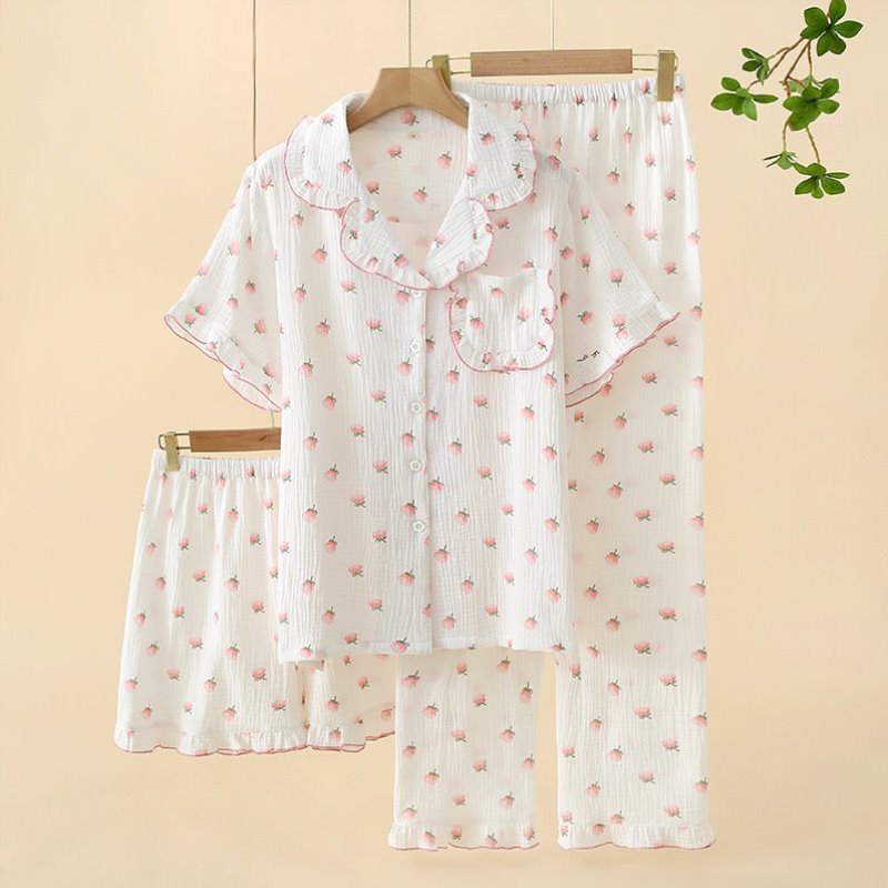 家居服睡衣双层三件套纱布女短裤棉纱夏季春秋全棉长纯棉短袖薄款