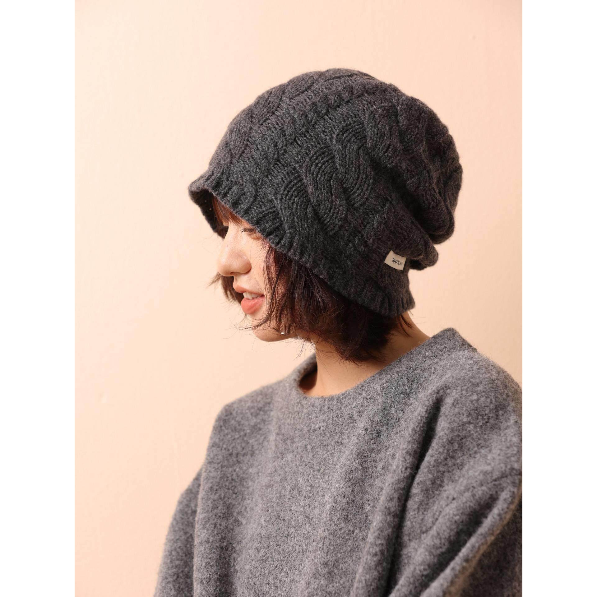 麻花复古韩系全羊毛手工针织帽女显脸小保暖护耳堆堆帽休闲毛线帽