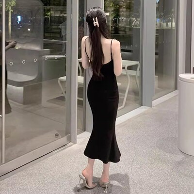 热辣巨显身材高级感御姐吊带连衣裙长款显瘦性感包臀鱼尾长裙低领