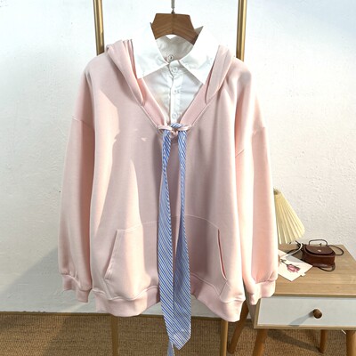韩系学院风粉色条纹假两件连帽卫衣女春秋薄款宽松翻领长袖上衣潮
