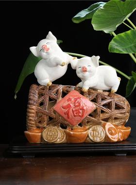 猪笼入水家肥屋润 陶醉石湾陶瓷公仔装饰品 工艺品人气摆件包邮