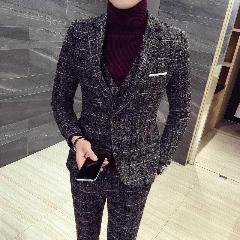 男士西服套装三件套韩版修身英伦休闲潮新郎结婚礼服格子小西装男