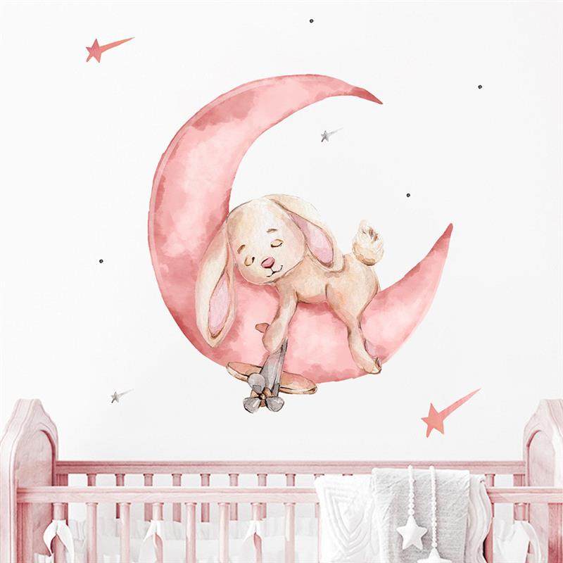 卡通兔子月亮粉色墙贴儿童房幼儿园墙面家居装饰墙贴自粘防水贴纸,家居饰品,软装墙贴,淘宝优惠券,粉丝福利购,淘宝优惠卷