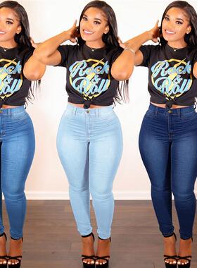 M633现货跨境wish亚马逊ebay欧美女装都市纯色女生牛仔裤小脚长裤