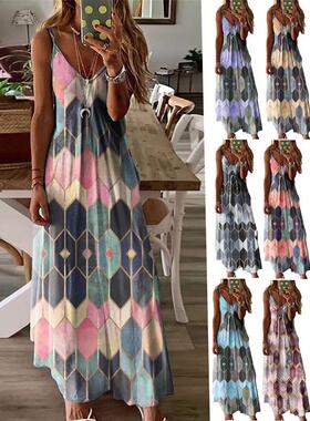 2021欧美亚马逊wish跨境外贸女装 夏季休闲印花吊带背心连衣长裙