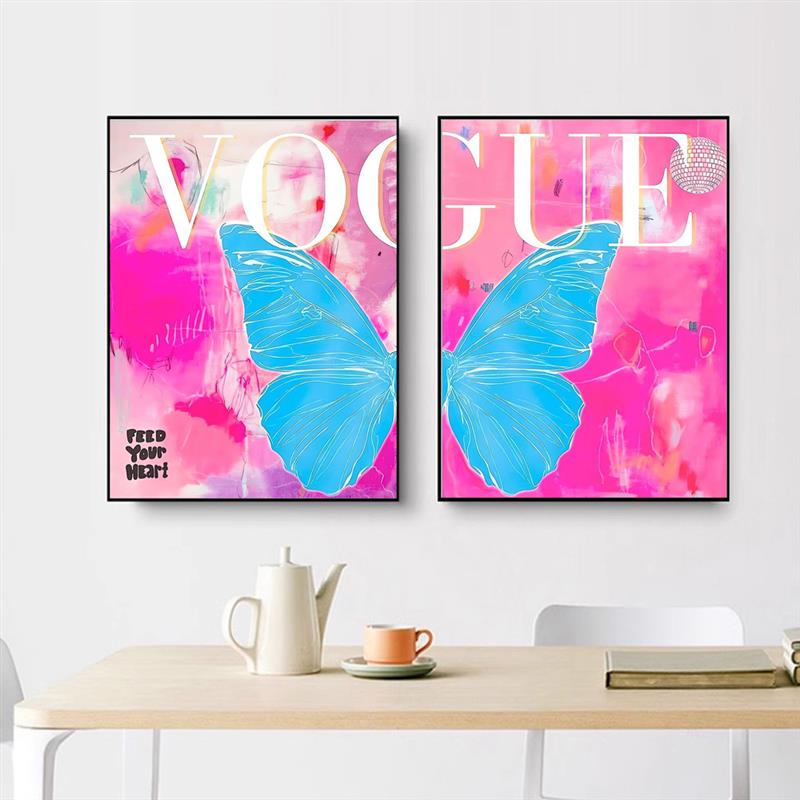 跨境VOGUE 蝴蝶英文装饰画客厅卧室墙面帆布画家居抽象装饰画图片