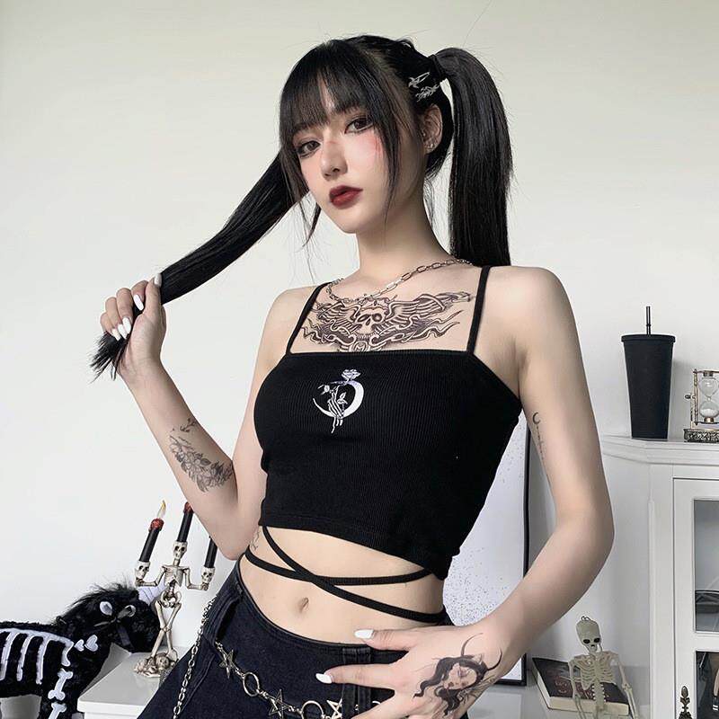 2023外贸暗黑风性感紧身露背露脐吊带女ins系带绣花上衣女潮