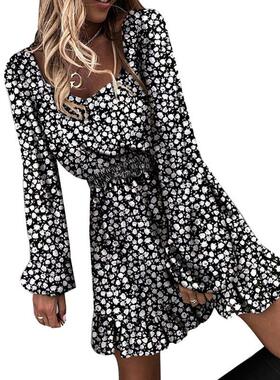 2020亚马逊wish速卖通新款长袖松紧腰荷叶边印花连衣裙 现货