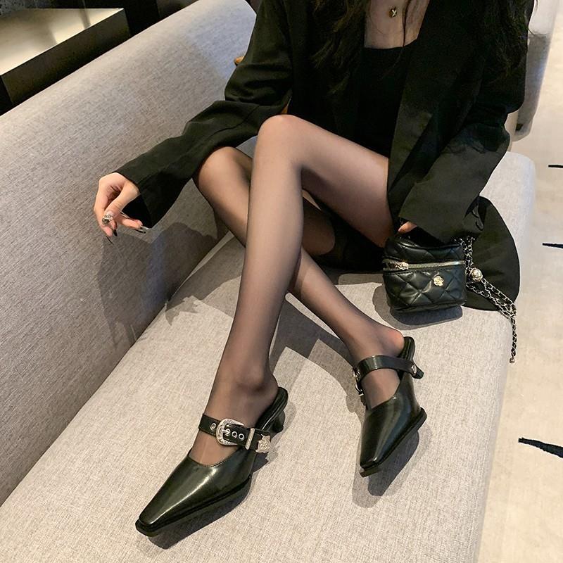 包头拖鞋女2024夏季新款拖鞋韩版时装细跟拖鞋皮带扣方头女拖鞋子