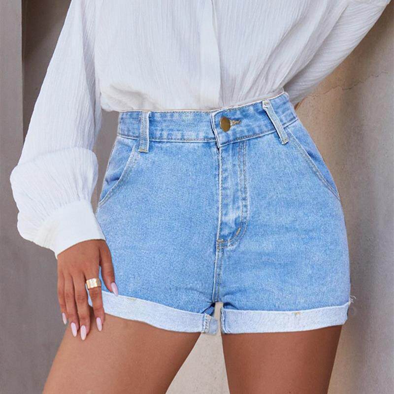跨境牛仔裤女夏装wish 欧美女装无弹纯色卷边牛仔短裤女