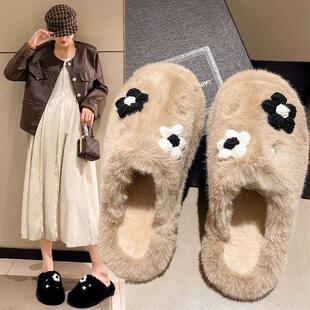 小众时尚花朵毛绒绒2023秋冬季ins包头暖和舒适简约百搭毛毛拖鞋