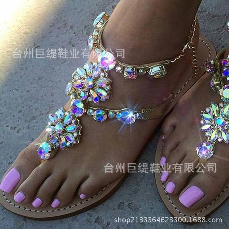 wish外贸大码女式凉鞋欧美七彩水钻链条平底夹脚夏季新款凉鞋
