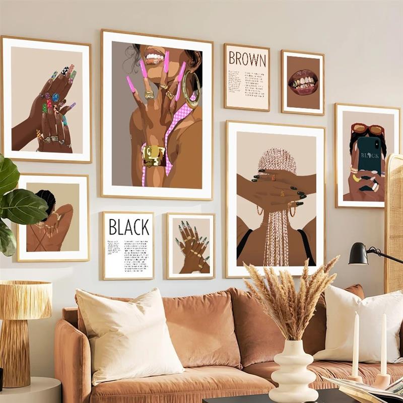 跨境黑色时尚女孩美发美甲珠宝装饰画客厅卧室沙发背景墙框画芯