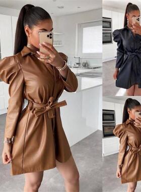 2021独立站wish亚马逊爆款  秋冬长袖单排扣系带皮裙连衣裙女装