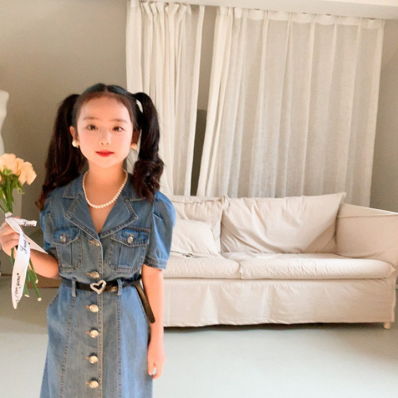 女童连衣裙夏季新款2025夏装牛仔泡泡洋气牛仔裙薄款儿童裙子时尚