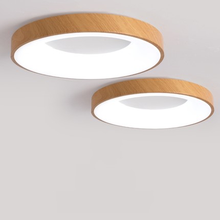 新款木纹色北欧极简卧室创意圆形主卧书房智能天猫精灵LED吸顶灯