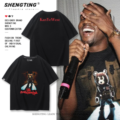 Kanye West侃爷辍学小熊Vintage高街复古男女情侣纯棉短袖T恤衫潮