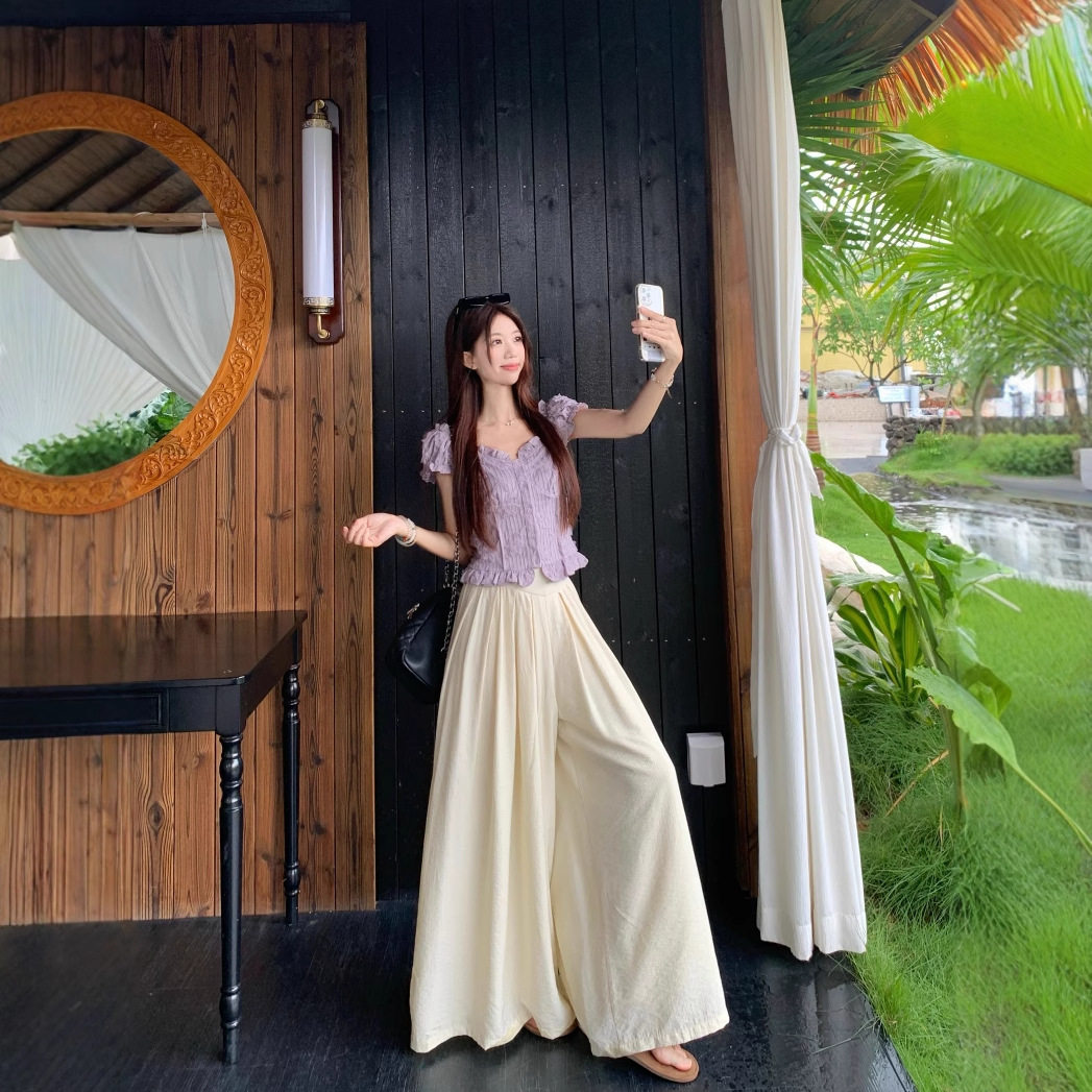 甜美设计感木耳边蕾丝泡泡袖衬衫阔腿长裤女裤裙2025夏季新款套装