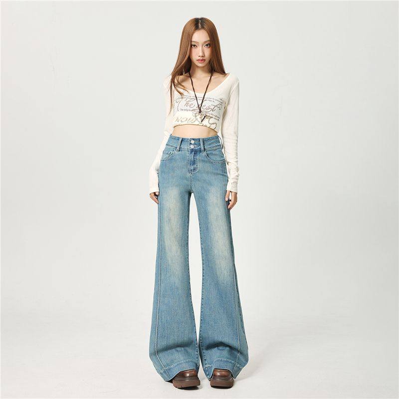 秋冬新款高腰双扣收腹微喇裤微阔宽松弹力修身复古拼接喇叭牛仔,女装/女士精品,牛仔裤,淘宝优惠券,粉丝福利购,淘宝优惠卷