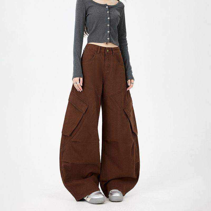 美式重磅洗褪棉休闲牛仔裤女工装贴袋宽松阔腿松弛感舒适弯刀裤子,女装/女士精品,牛仔裤,淘宝优惠券,粉丝福利购,淘宝优惠卷