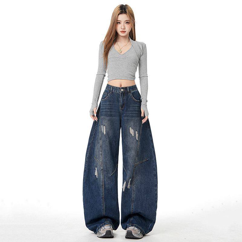 美式设计感磨破弯刀牛仔裤女2026新款复古百搭水洗廓形垂感阔腿裤,女装/女士精品,牛仔裤,淘宝优惠券,粉丝福利购,淘宝优惠卷