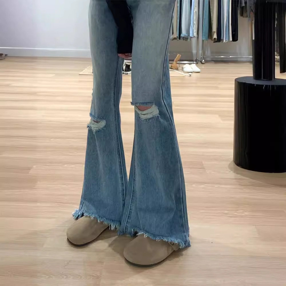 破洞毛边微喇牛仔裤女夏胖mm薄款显瘦裤子大码不贴腿小个子喇叭裤,女装/女士精品,牛仔裤,淘宝优惠券,粉丝福利购,淘宝优惠卷