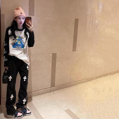 十字架阔腿黑色牛仔裤女秋冬休闲男夏季显瘦宽松慵懒垂感直筒裤子