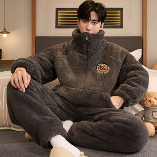 秋冬季男士珊瑚绒可外穿睡衣拉链加厚加绒法兰绒家居服潮套装冬天