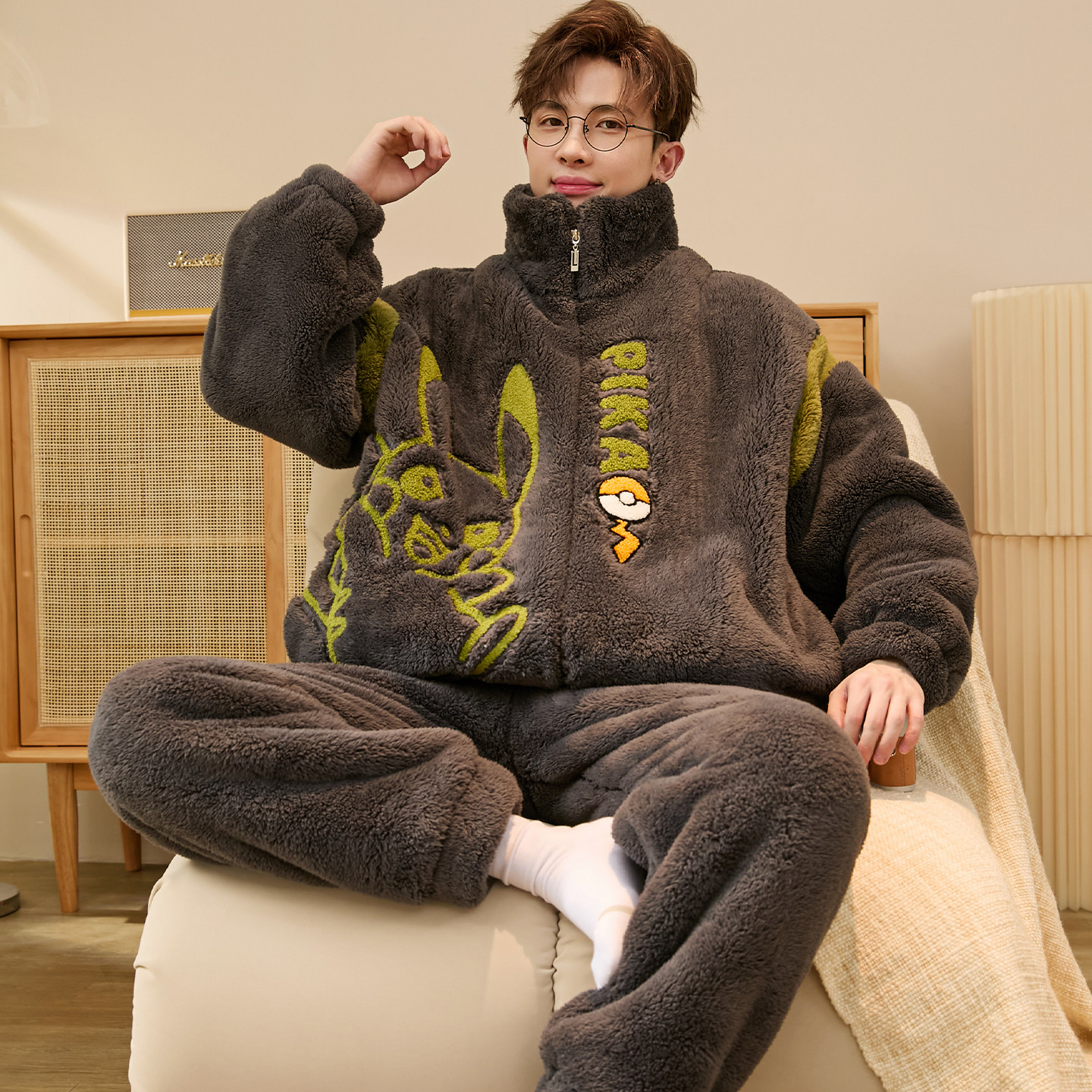 加肥加大睡衣男冬季保暖拉链开衫珊瑚绒家居服加绒加厚特大码套装