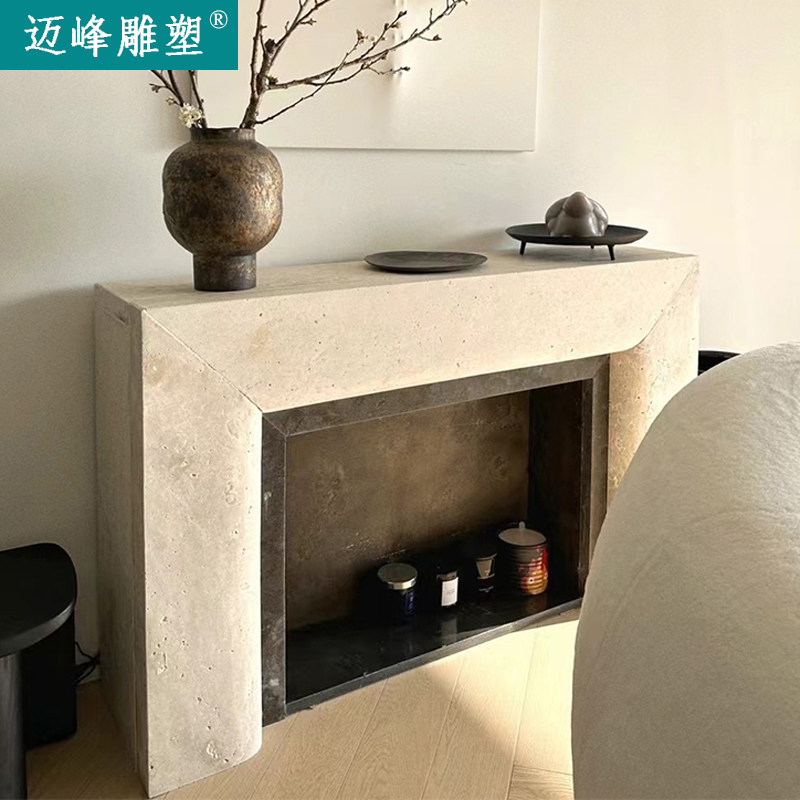 天然大理石材法式复古中古典客厅家具装饰欣赏天然洞石材壁炉柜子