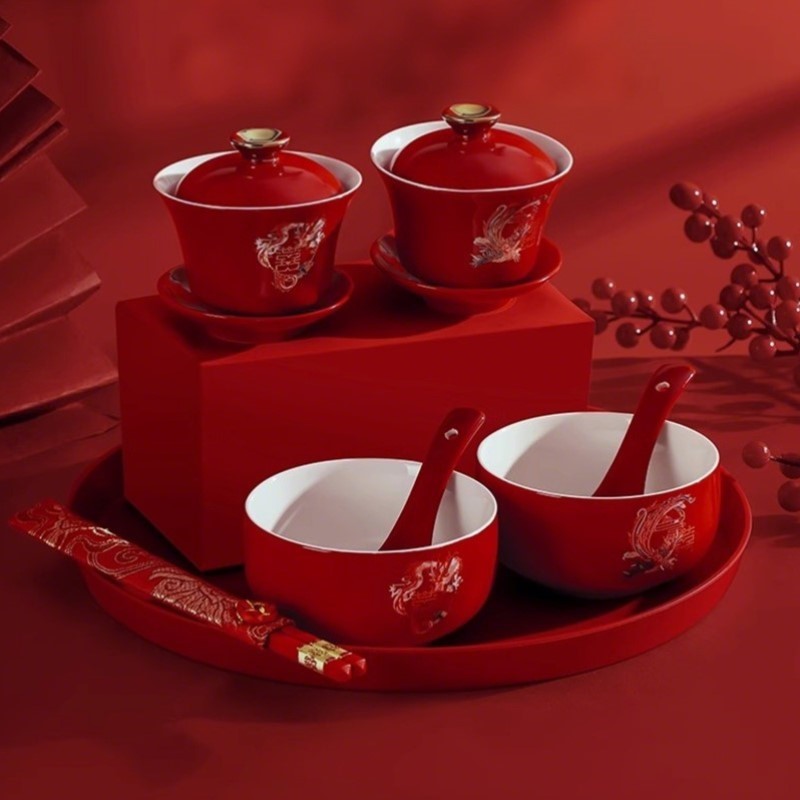 新款连理碗敬酒中国结婚大容量茶杯敬杯2025杯子国风红色富贵高级