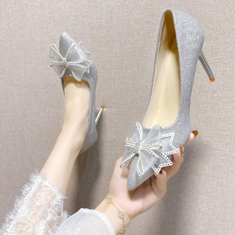 高跟鞋伴娘香槟色新娘穿水晶鞋婚纱婚鞋两穿平时法式禾秀蝴蝶结可
