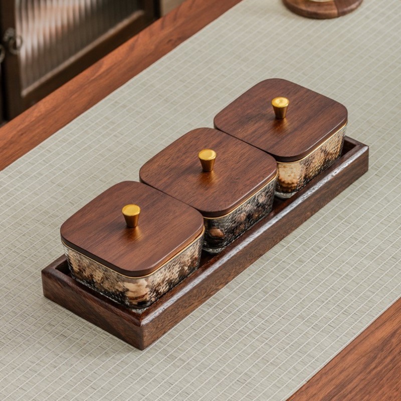 盘子盘分格玻璃水果盘收纳胡桃木高档零食家用点心带盖轻奢果盘干