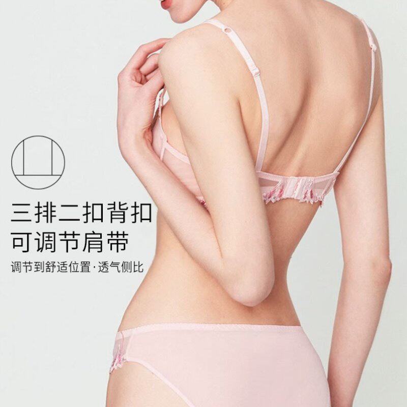 超薄红色套装内衣女胸罩全透明薄款文胸刺绣无胸显罩小蕾丝海绵大