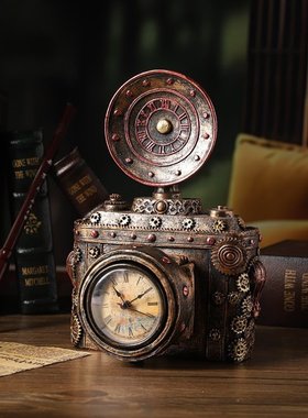 复古时钟工艺品照相机装饰品闹钟相机火车头树脂摆件仿真机械美式