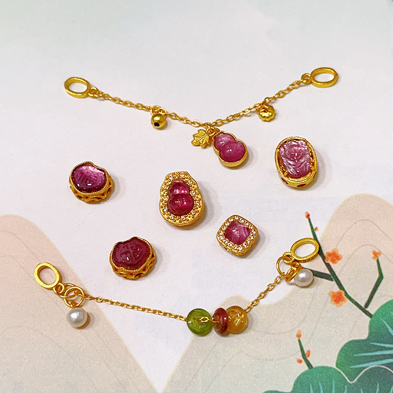S925古法银镀金镶嵌天然碧玺葫芦魔盒通孔连接链DIY配件半成品